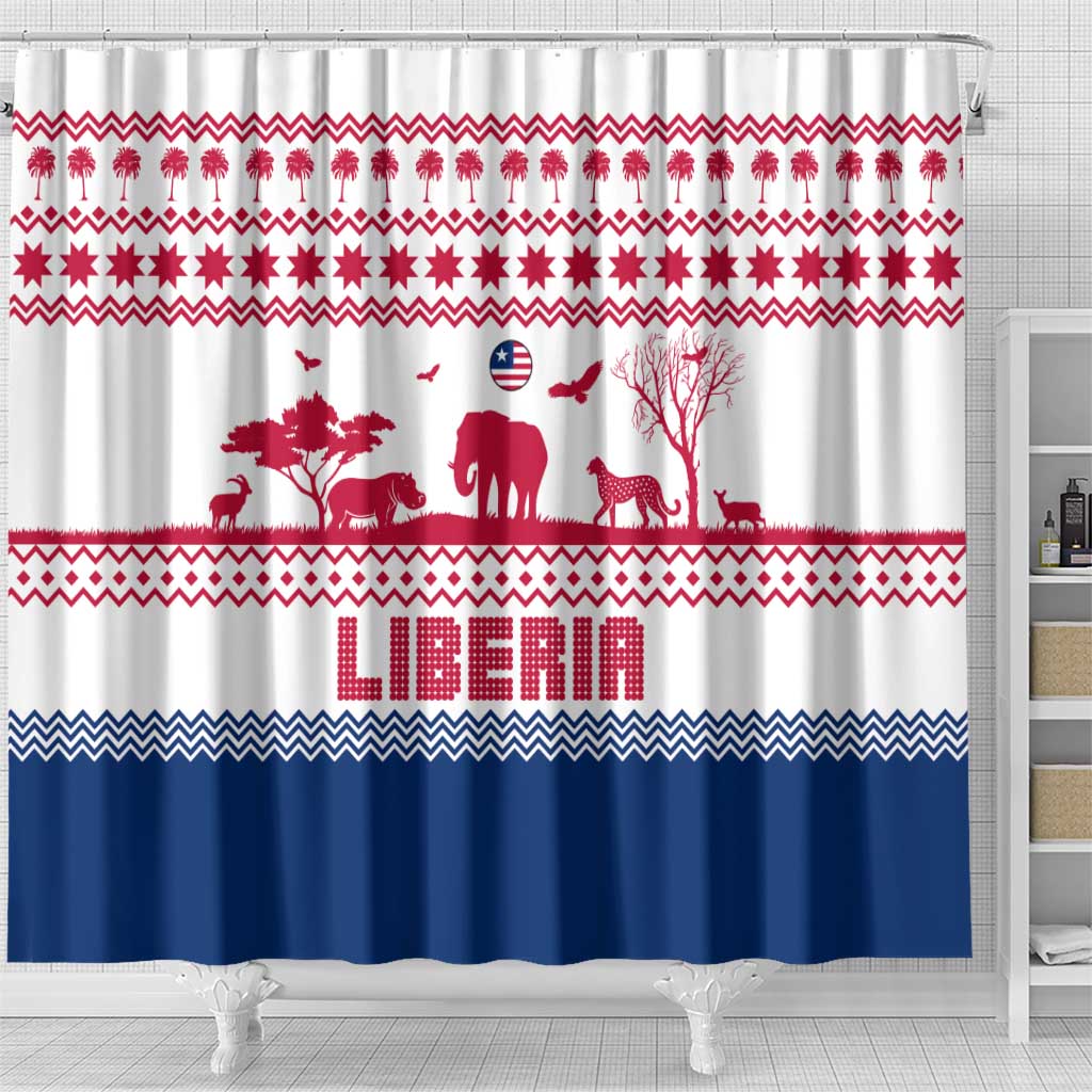 Liberia Christmas Shower Curtain Red Wildlife Silhouettes and White Blue Holiday - African Pride