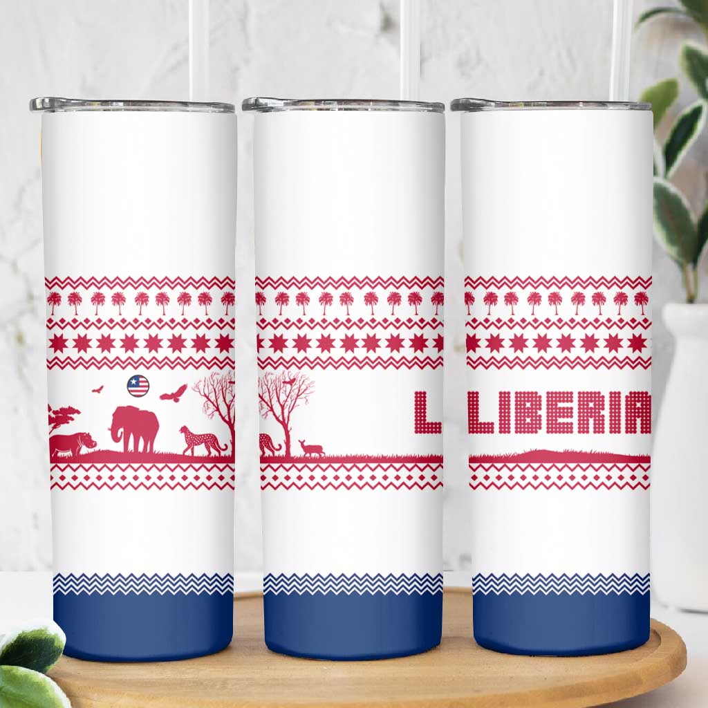 Liberia Christmas Skinny Tumbler Red Wildlife Silhouettes and White Blue Holiday - African Pride
