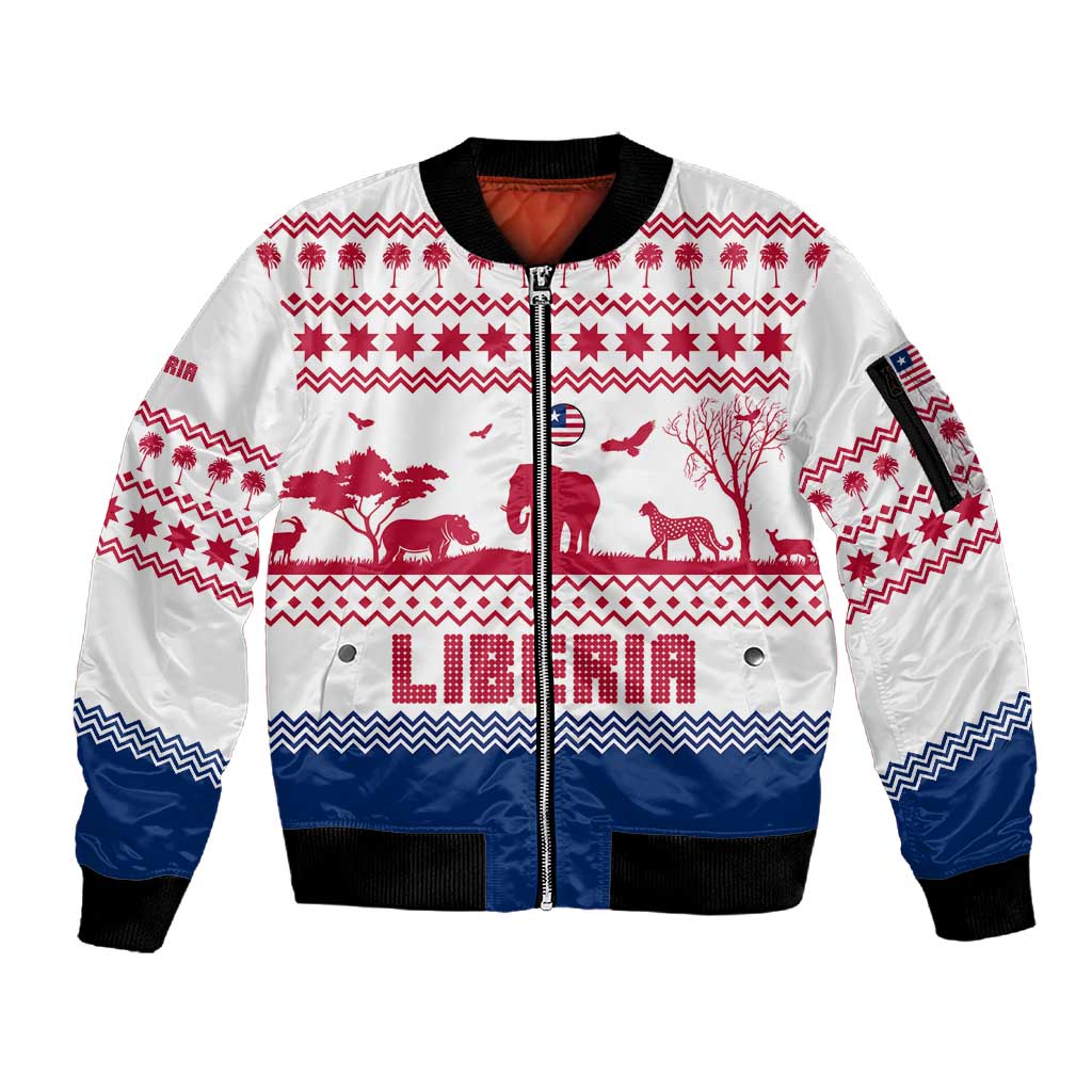 Liberia Christmas Sleeve Zip Bomber Jacket Red Wildlife Silhouettes and White Blue Holiday - African Pride