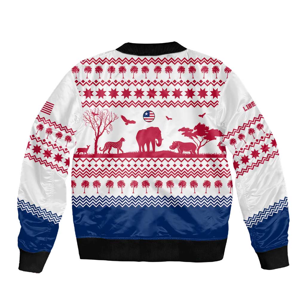 Liberia Christmas Sleeve Zip Bomber Jacket Red Wildlife Silhouettes and White Blue Holiday - African Pride