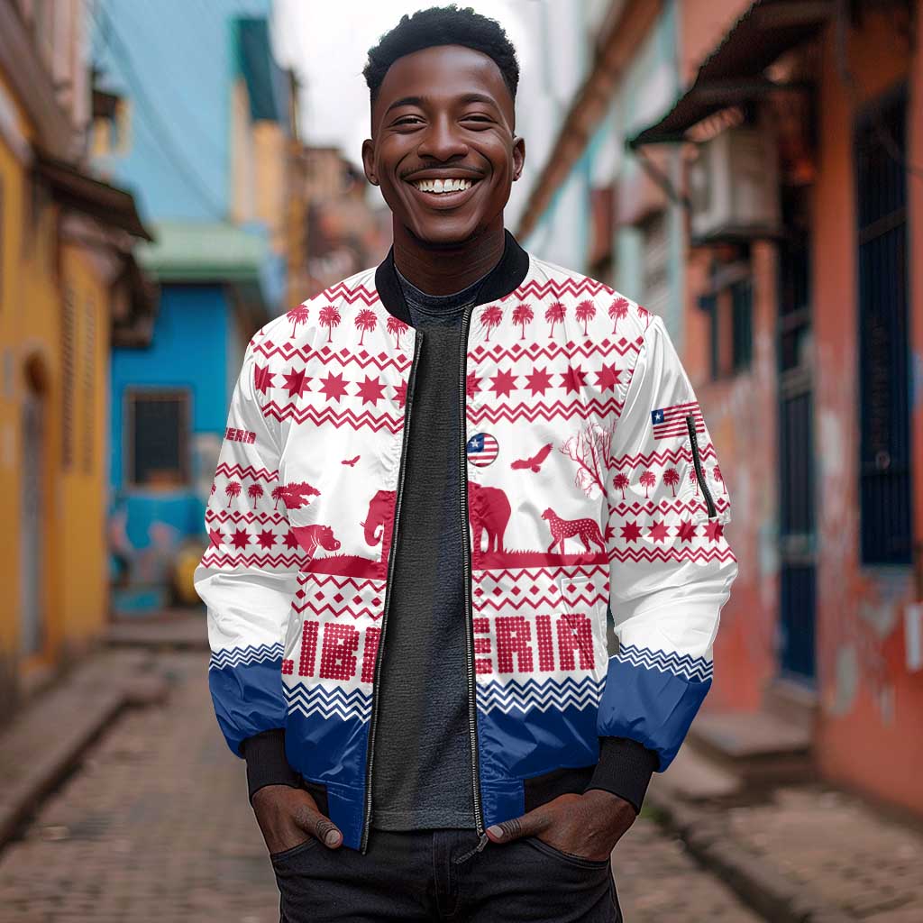 Liberia Christmas Sleeve Zip Bomber Jacket Red Wildlife Silhouettes and White Blue Holiday - African Pride