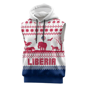 Liberia Christmas Sleeveless Hoodie Red Wildlife Silhouettes and White Blue Holiday - African Pride