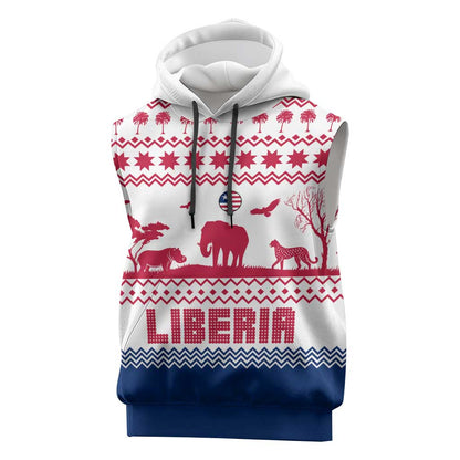 Liberia Christmas Sleeveless Hoodie Red Wildlife Silhouettes and White Blue Holiday - African Pride