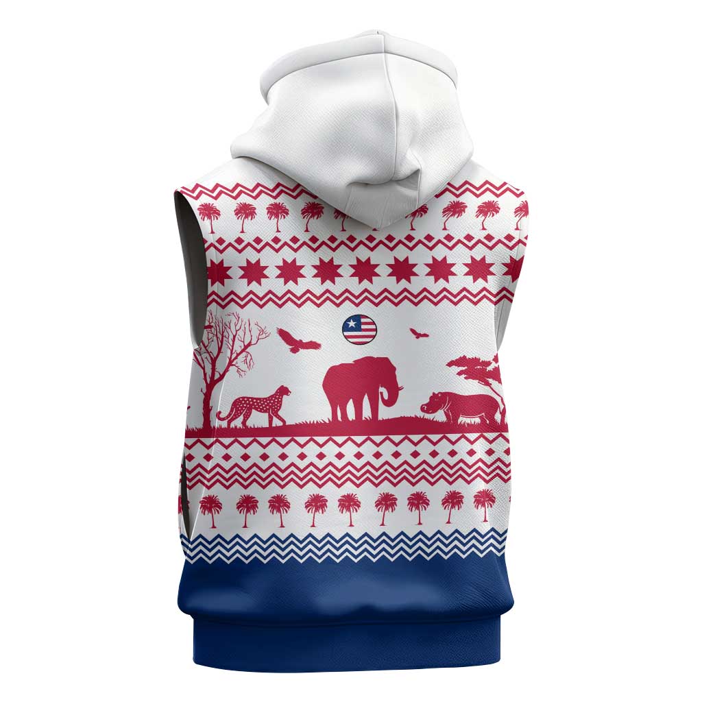 Liberia Christmas Sleeveless Hoodie Red Wildlife Silhouettes and White Blue Holiday - African Pride