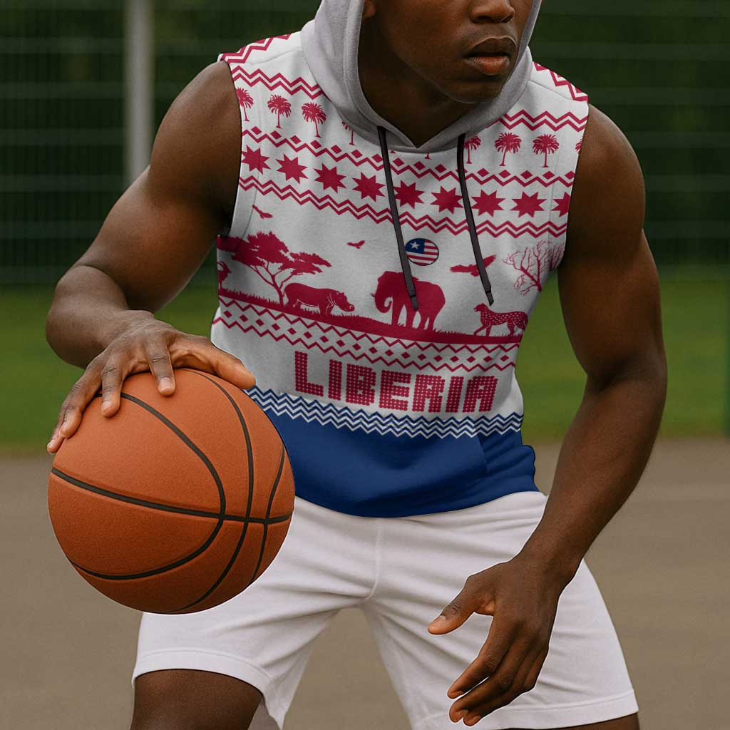 Liberia Christmas Sleeveless Hoodie Red Wildlife Silhouettes and White Blue Holiday - African Pride