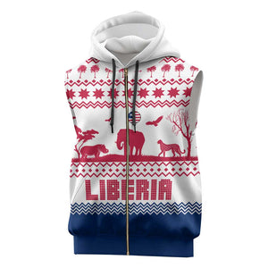 Liberia Christmas Sleeveless Zip Hoodie Red Wildlife Silhouettes and White Blue Holiday - African Pride