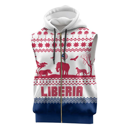Liberia Christmas Sleeveless Zip Hoodie Red Wildlife Silhouettes and White Blue Holiday - African Pride