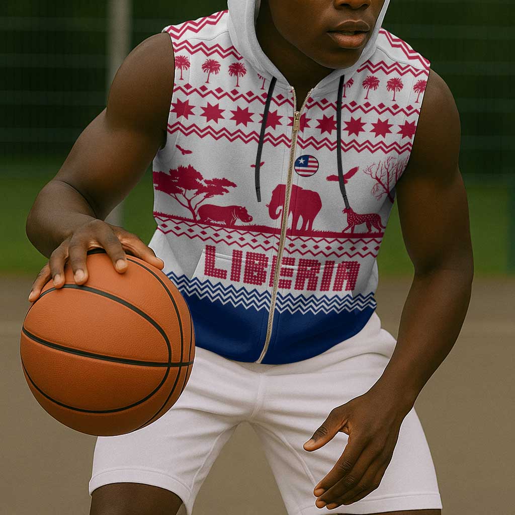 Liberia Christmas Sleeveless Zip Hoodie Red Wildlife Silhouettes and White Blue Holiday - African Pride