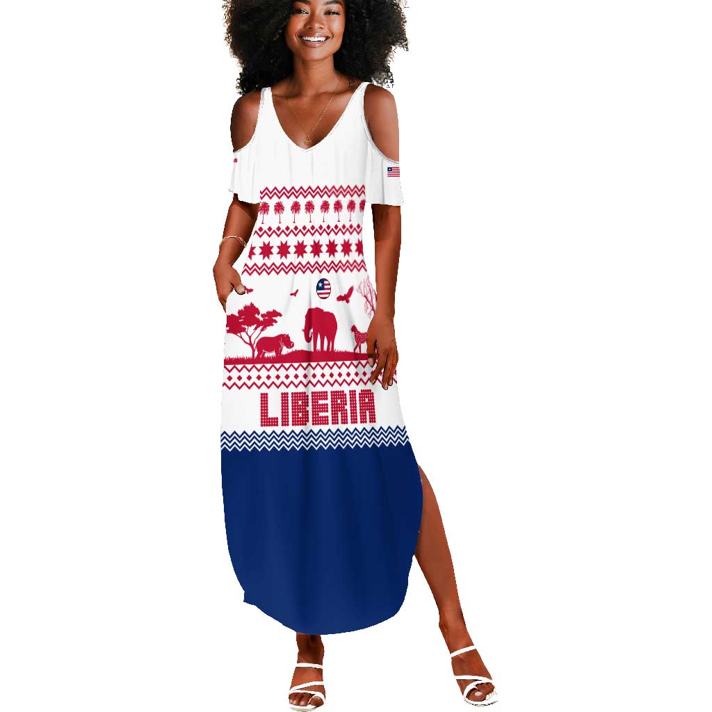 Liberia Christmas Summer Maxi Dress Red Wildlife Silhouettes and White Blue Holiday - African Pride