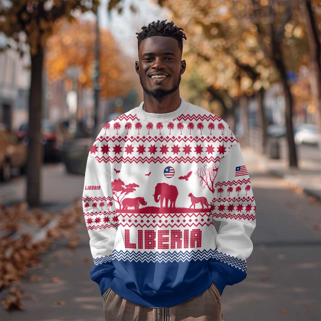 Liberia Christmas Sweatshirt Red Wildlife Silhouettes and White Blue Holiday - African Pride