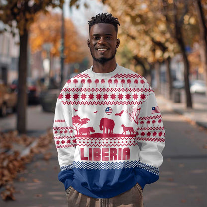 Liberia Christmas Sweatshirt Red Wildlife Silhouettes and White Blue Holiday - African Pride