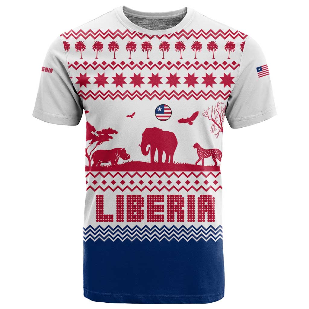 Liberia Christmas T shirt Red Wildlife Silhouettes and White Blue Holiday - African Pride