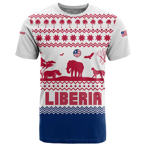 Liberia Christmas T shirt Red Wildlife Silhouettes and White Blue Holiday - African Pride
