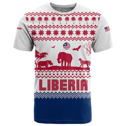 Liberia Christmas T shirt Red Wildlife Silhouettes and White Blue Holiday - African Pride
