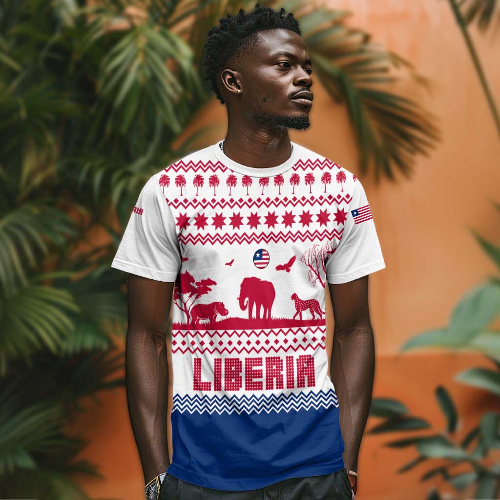 Liberia Christmas T shirt Red Wildlife Silhouettes and White Blue Holiday - African Pride