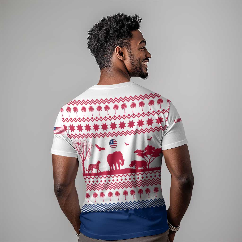 Liberia Christmas T shirt Red Wildlife Silhouettes and White Blue Holiday - African Pride