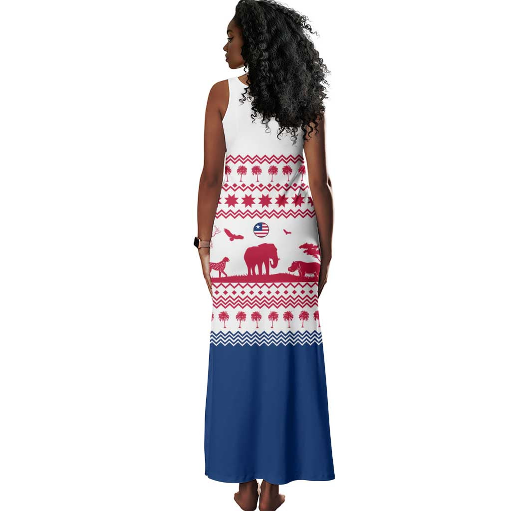 Liberia Christmas Tank Maxi Dress Red Wildlife Silhouettes and White Blue Holiday - African Pride