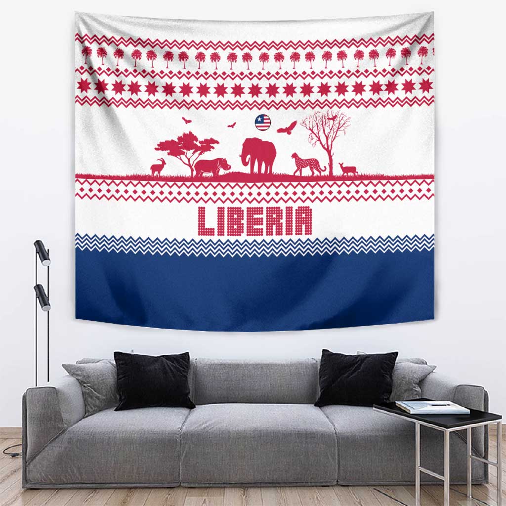 Liberia Christmas Tapestry Red Wildlife Silhouettes and White Blue Holiday - African Pride