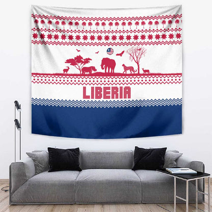 Liberia Christmas Tapestry Red Wildlife Silhouettes and White Blue Holiday - African Pride