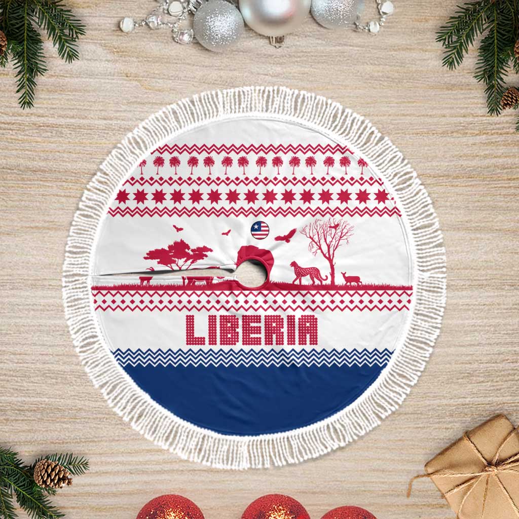 Liberia Christmas Tree Skirt Red Wildlife Silhouettes and White Blue Holiday - African Pride