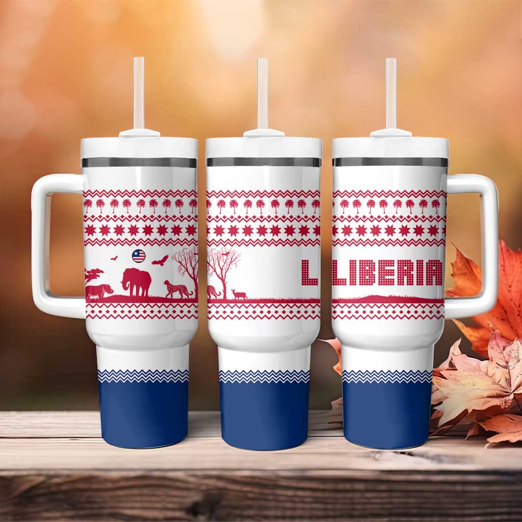 Liberia Christmas Tumbler With Handle Red Wildlife Silhouettes and White Blue Holiday - African Pride