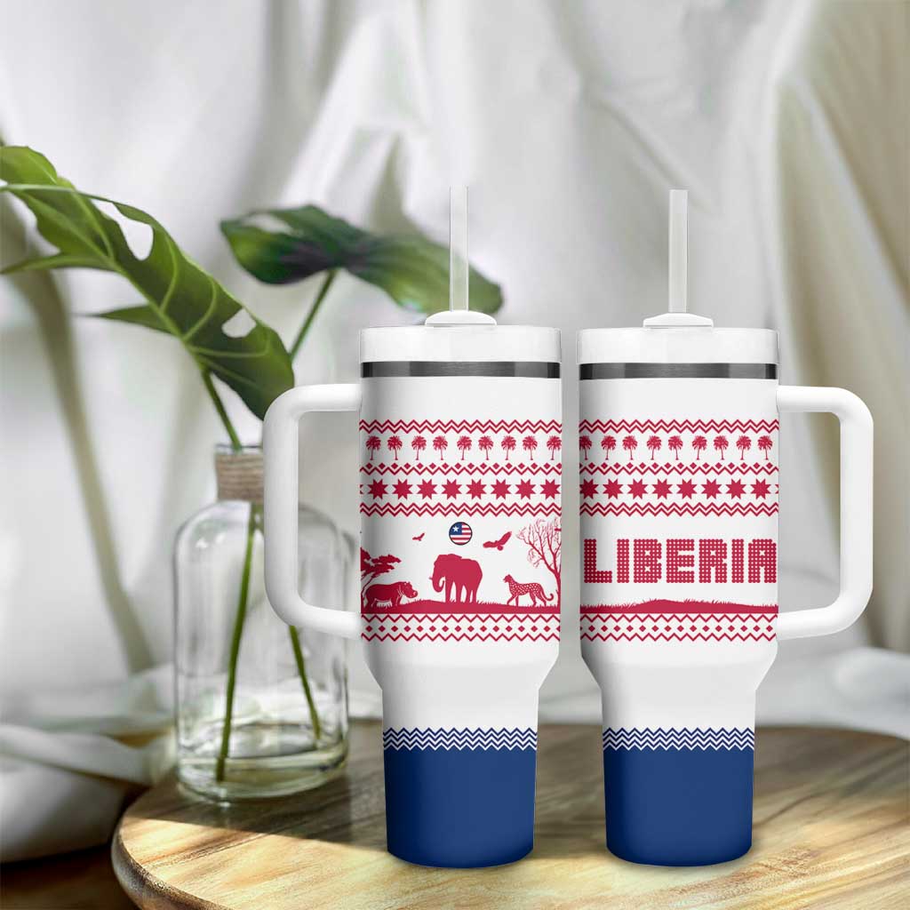 Liberia Christmas Tumbler With Handle Red Wildlife Silhouettes and White Blue Holiday - African Pride