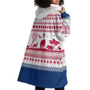 Liberia Christmas Wearable Blanket Hoodie Red Wildlife Silhouettes and White Blue Holiday - African Pride