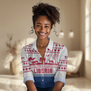 Liberia Christmas Women Casual Shirt Red Wildlife Silhouettes and White Blue Holiday - African Pride