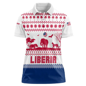Liberia Christmas Women Polo Shirt Red Wildlife Silhouettes and White Blue Holiday - African Pride
