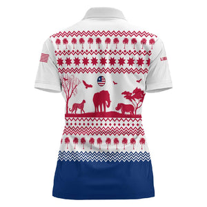 Liberia Christmas Women Polo Shirt Red Wildlife Silhouettes and White Blue Holiday - African Pride