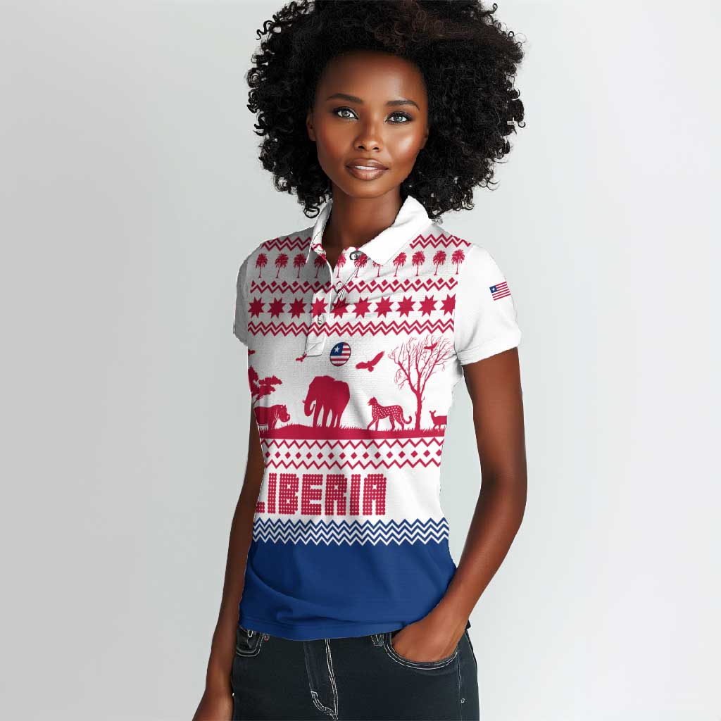 Liberia Christmas Women Polo Shirt Red Wildlife Silhouettes and White Blue Holiday - African Pride