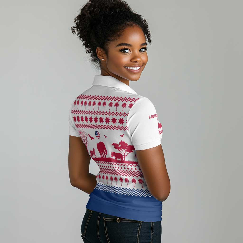 Liberia Christmas Women Polo Shirt Red Wildlife Silhouettes and White Blue Holiday - African Pride
