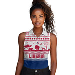 Liberia Christmas Women Sleeveless Polo Shirt Red Wildlife Silhouettes and White Blue Holiday - African Pride
