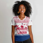 Liberia Christmas Women V-Neck T-Shirt Red Wildlife Silhouettes and White Blue Holiday - African Pride