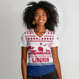 Liberia Christmas Women V-Neck T-Shirt Red Wildlife Silhouettes and White Blue Holiday - African Pride