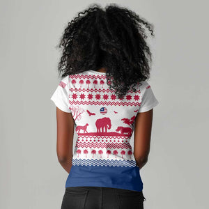 Liberia Christmas Women V-Neck T-Shirt Red Wildlife Silhouettes and White Blue Holiday - African Pride