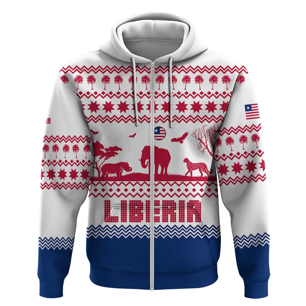Liberia Christmas Zip Hoodie Red Wildlife Silhouettes and White Blue Holiday - African Pride
