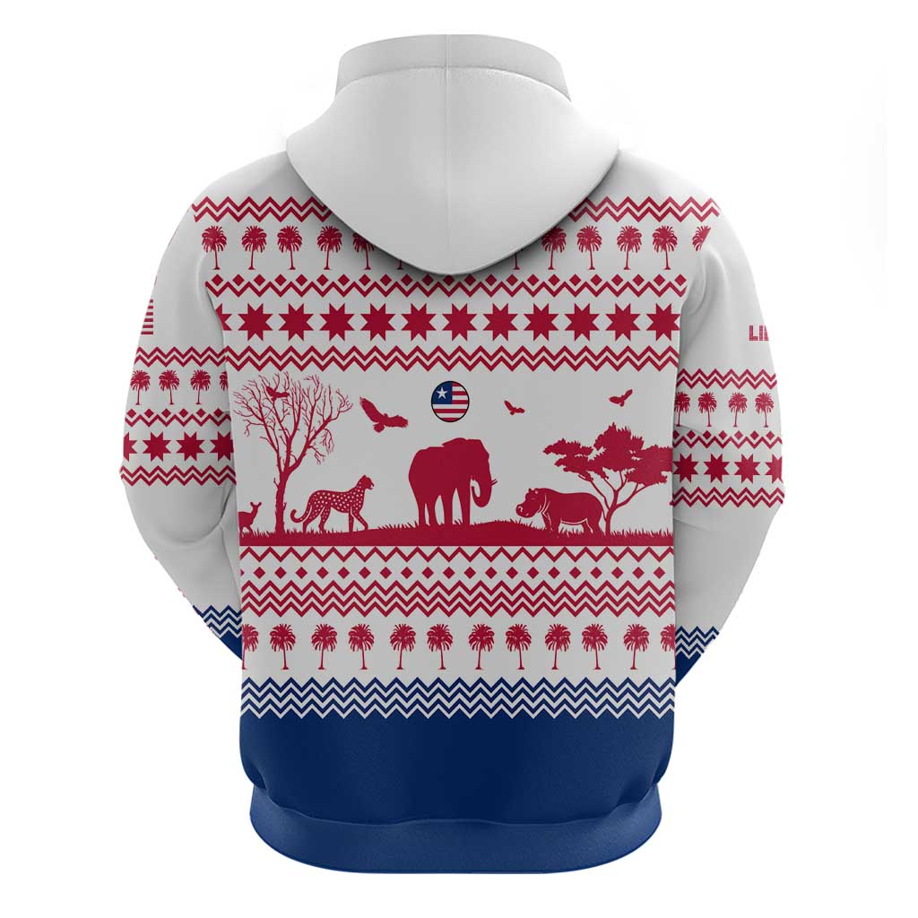 Liberia Christmas Zip Hoodie Red Wildlife Silhouettes and White Blue Holiday - African Pride