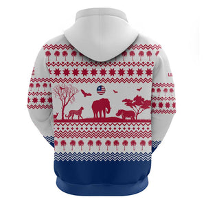 Liberia Christmas Zip Hoodie Red Wildlife Silhouettes and White Blue Holiday - African Pride