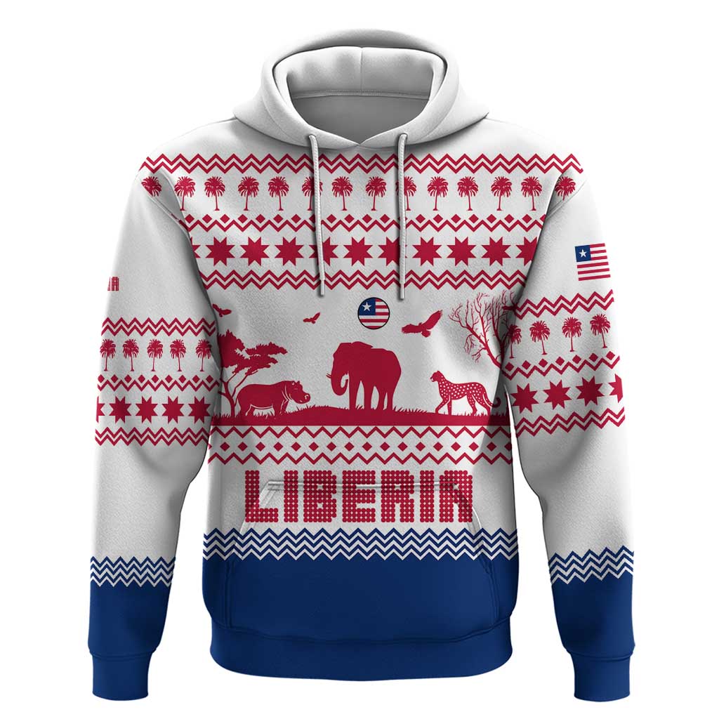 Liberia Christmas Zip Hoodie Red Wildlife Silhouettes and White Blue Holiday - African Pride