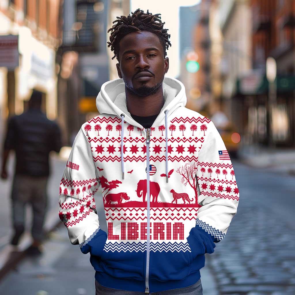 Liberia Christmas Zip Hoodie Red Wildlife Silhouettes and White Blue Holiday - African Pride