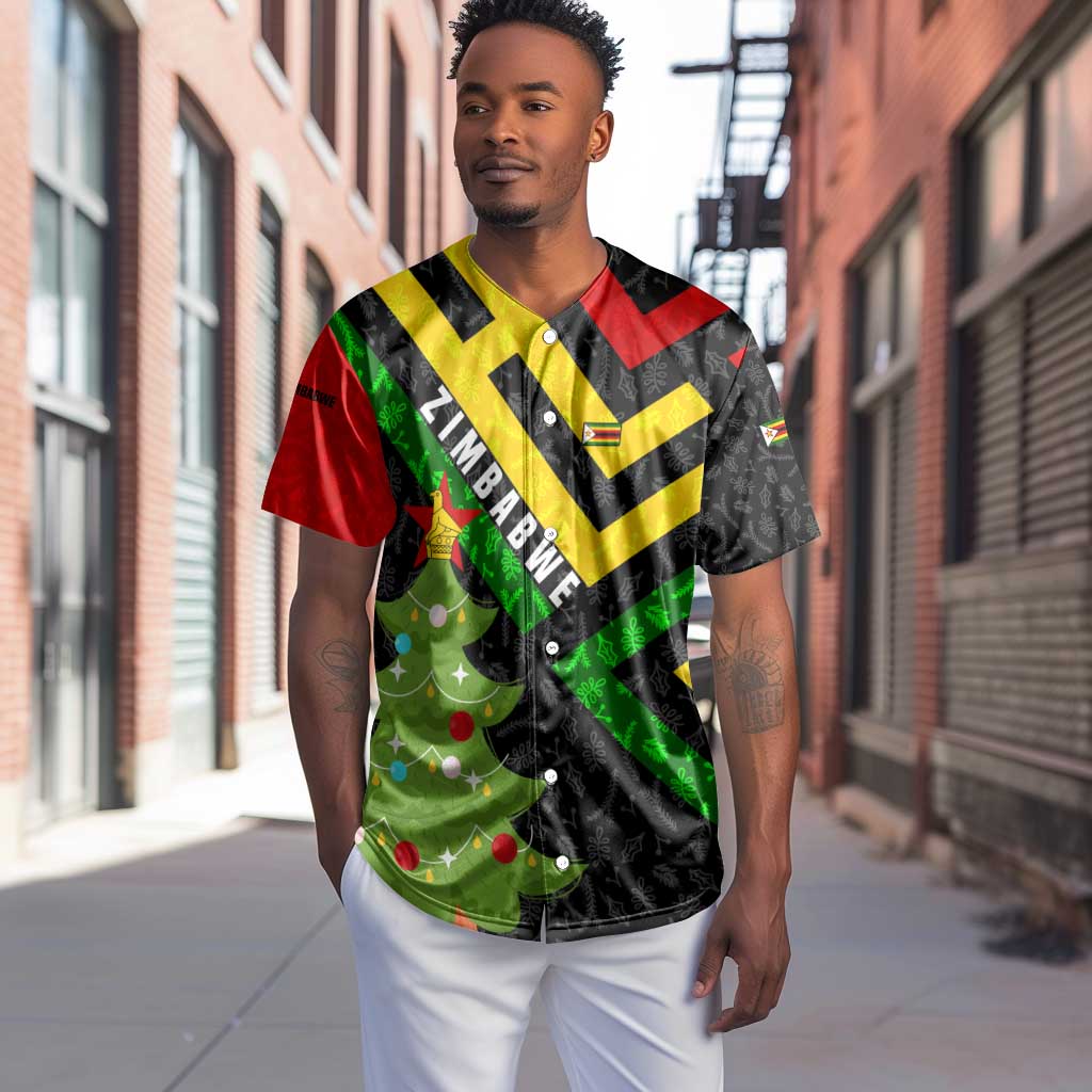 Zimbabwe Christmas Baseball Jersey Flag Colors Xmas Tree and Holiday - African Pride