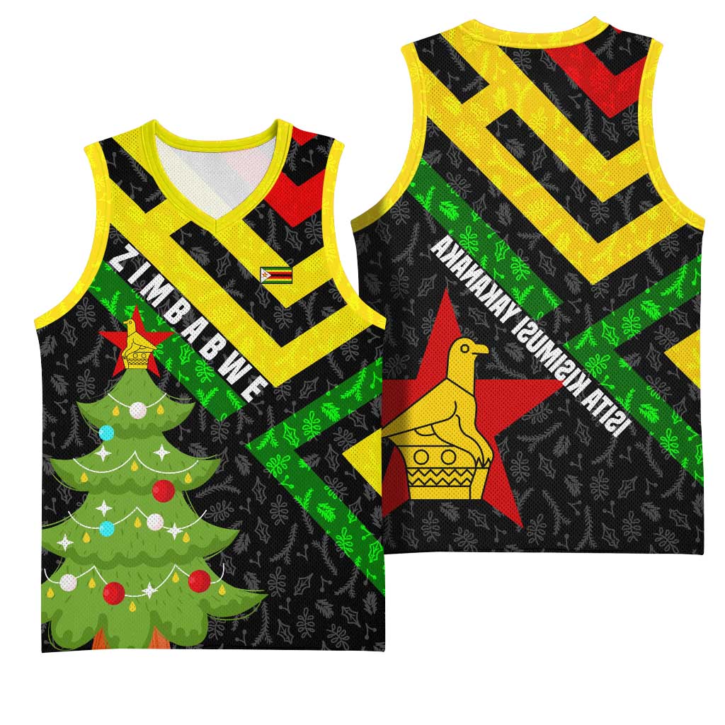 Zimbabwe Christmas Basketball Jersey Flag Colors Xmas Tree and Holiday - African Pride