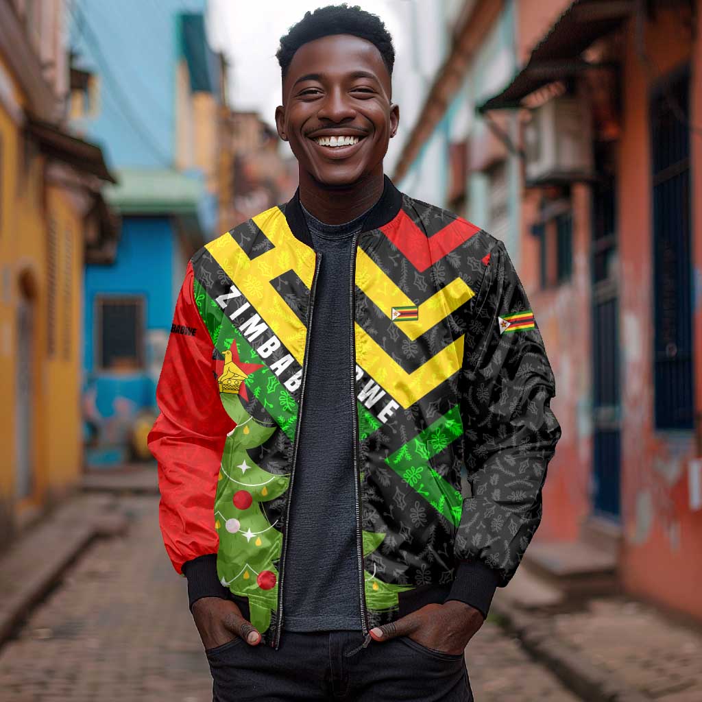 Zimbabwe Christmas Bomber Jacket Flag Colors Xmas Tree and Holiday - African Pride