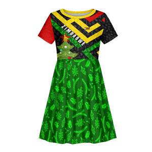 Zimbabwe Christmas Kid Short Sleeve Dress Flag Colors Xmas Tree and Holiday - African Pride