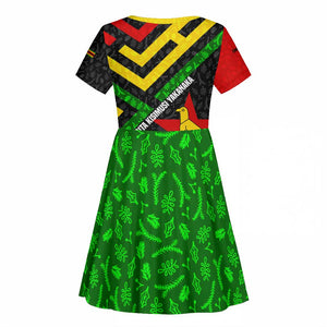 Zimbabwe Christmas Kid Short Sleeve Dress Flag Colors Xmas Tree and Holiday - African Pride