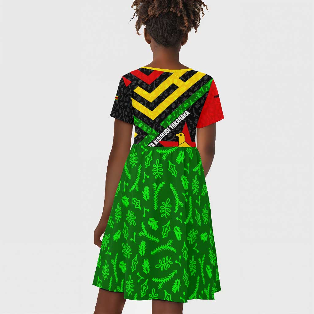 Zimbabwe Christmas Kid Short Sleeve Dress Flag Colors Xmas Tree and Holiday - African Pride
