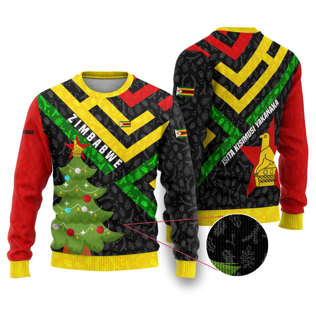 Zimbabwe Christmas Ugly Christmas Sweater Flag Colors Xmas Tree and Holiday - African Pride