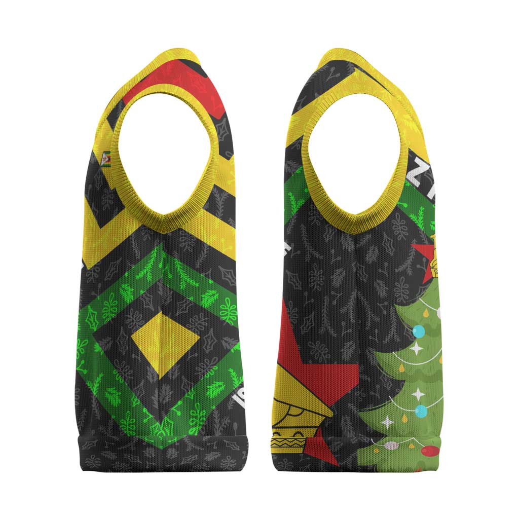 Zimbabwe Christmas Knitted V-Neck Vest Flag Colors Xmas Tree and Holiday - African Pride