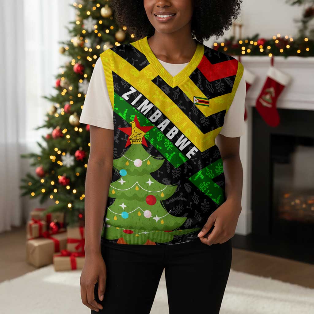 Zimbabwe Christmas Knitted V-Neck Vest Flag Colors Xmas Tree and Holiday - African Pride
